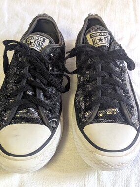 Converse Chuck Taylor All Star Black Silver Sequin Low Top Shoes Size Womens 6